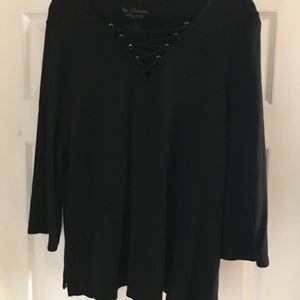 Chicos black top with lace front neck. Size 3
